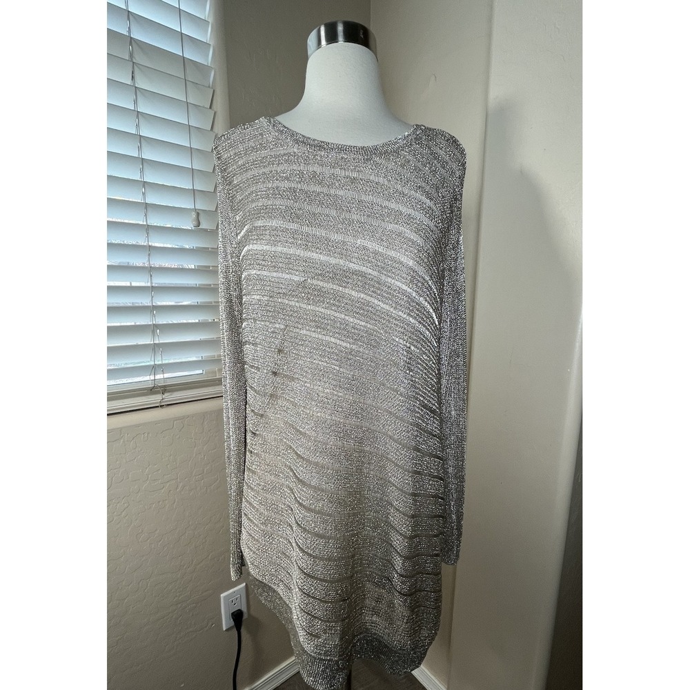 Chicos Size 2 Womens L Sweater Beige Metallic Asymmetrical Hem Lined Pullover